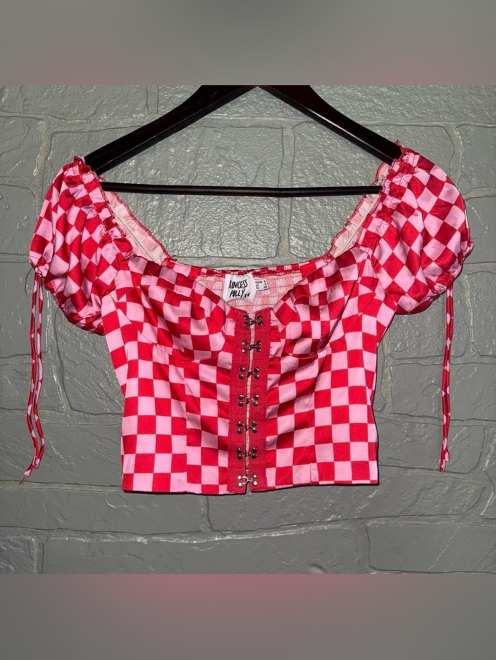 Princess Polly Checkered Pink & Red Clowncore Y2K Corset Crop Top Puff Sleeve